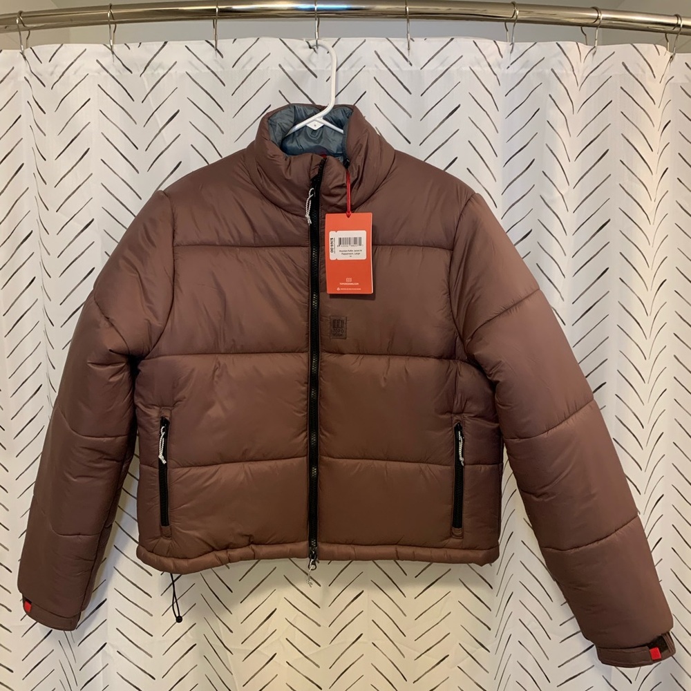 Topo Designs Brown Puffer Jacket with High Collar and Cropped Style